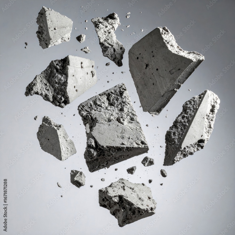 Poster levitating concrete fragments with rough textures and minimalist gray color scheme