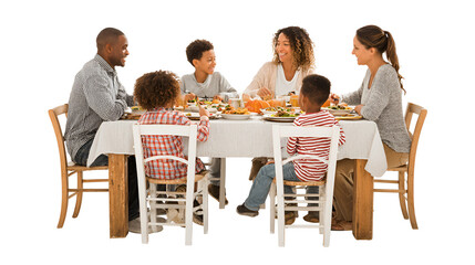 Cheerful multi generational family sharing a holiday meal full of diverse food while seated around the table at home celebrating special occasion together spending quality time
