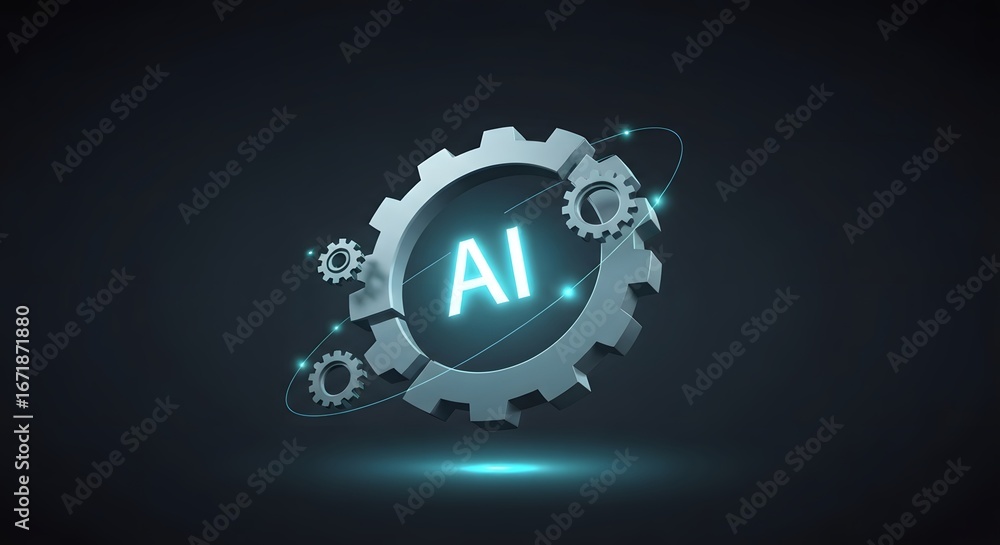 Poster artificial intelligence represented by interconnected gears.