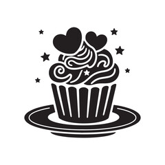 A silhouette of a cupcake with heart-shaped toppings, swirls of icing, and small stars around it. 
