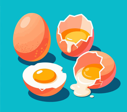 Four Eggs in Various Stages of Cracking on Turquoise Background