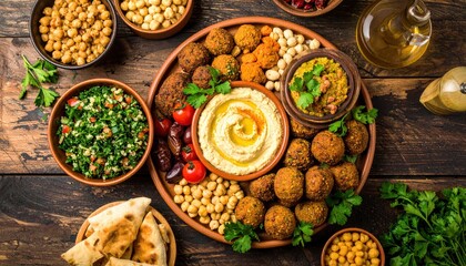 Fototapeta premium A vibrant platter of Middle Eastern dishes featuring hummus, falafel, tabbouleh, and various dips, garnished with fresh herbs and served with pita bread.