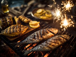 outdoor summer night barbecue with grilled fish accompaniments and sparkler fun
