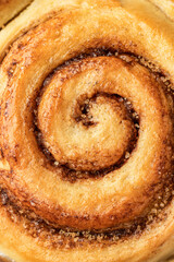 Freshly baked cinnamon roll close up top view. Making cinnamon rolls process. Cinnabon preparation