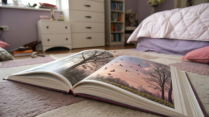 An open book with stunning landscape photography provides a peaceful escape into nature from the comfort of a cozy bedroom