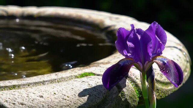 Purple iris flower with stone birdbath detailed nature still life scene
