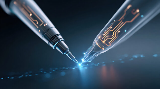 Futuristic pen digital circuit microchip pattern precision tip glowing trace metallic tool closeup technology concept blue light innovation