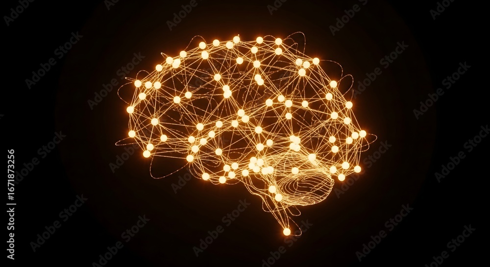 Poster conceptual illustration of artificial intelligence neural network on black background.