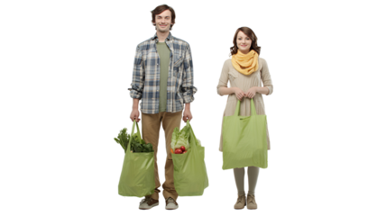 Young couple with reusable bags of groceries promotes healthy eating and sustainability supporting local farmers market shopping and eco friendly choices together for a greener