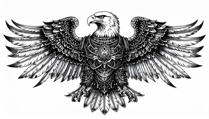 Obraz premium Illustration of an Eagle with Spread Wings in Black and White Sketch Style