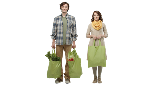 Young couple with reusable bags of groceries promotes healthy eating and sustainability supporting local farmers market shopping and eco friendly choices together for a greener
