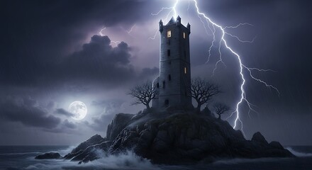 Ancient stone tower on a rocky island battered by a fierce lightning storm at night
