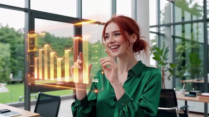 Professional businesswoman celebrates financial success with holographic growth charts in modern office. Data analytics, corporate achievement, digital finance visualization technology. - Powered by Adobe