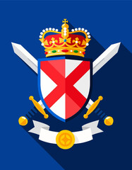 Heraldic Shield with Red Cross and Golden Crown on Blue Background