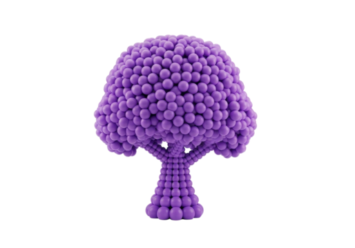 Vibrant purple abstract digital tree, spherical modules, globular canopy, on transparent studio background with copy space, soft lighting, futuristic digital art concept