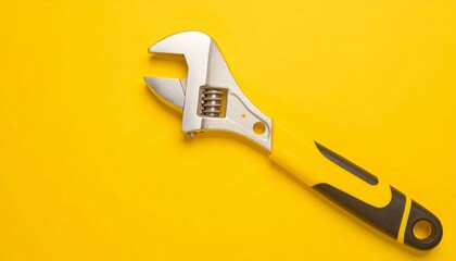 A metallic adjustable wrench with a black and yellow rubber grip lies on a bright yellow background. Its sharp contours and utilitarian form evoke strength, precision, and mechanical clarity.