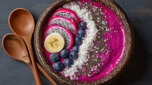 Vibrant smoothie bowl with dragon fruit, blueberries, and banana slices, coconut flakes and chia seeds on top, flat lay