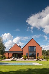Obraz premium This modern brick house boasts a lovely pool, nestled in a tranquil garden environment, all beneath a bright blue sky on a beautiful sunny day