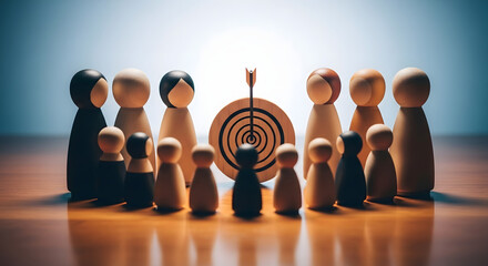 Wooden figures gathered around a bullseye target symbolizing teamwork and shared goals