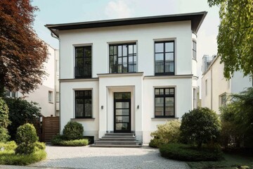 Modern residential building with elegant architecture and lush landscaping in a serene neighborhood setting during daylight hours