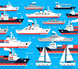 Maritime Harmony: Sailboats and Cargo Ships on Calm Blue Waters