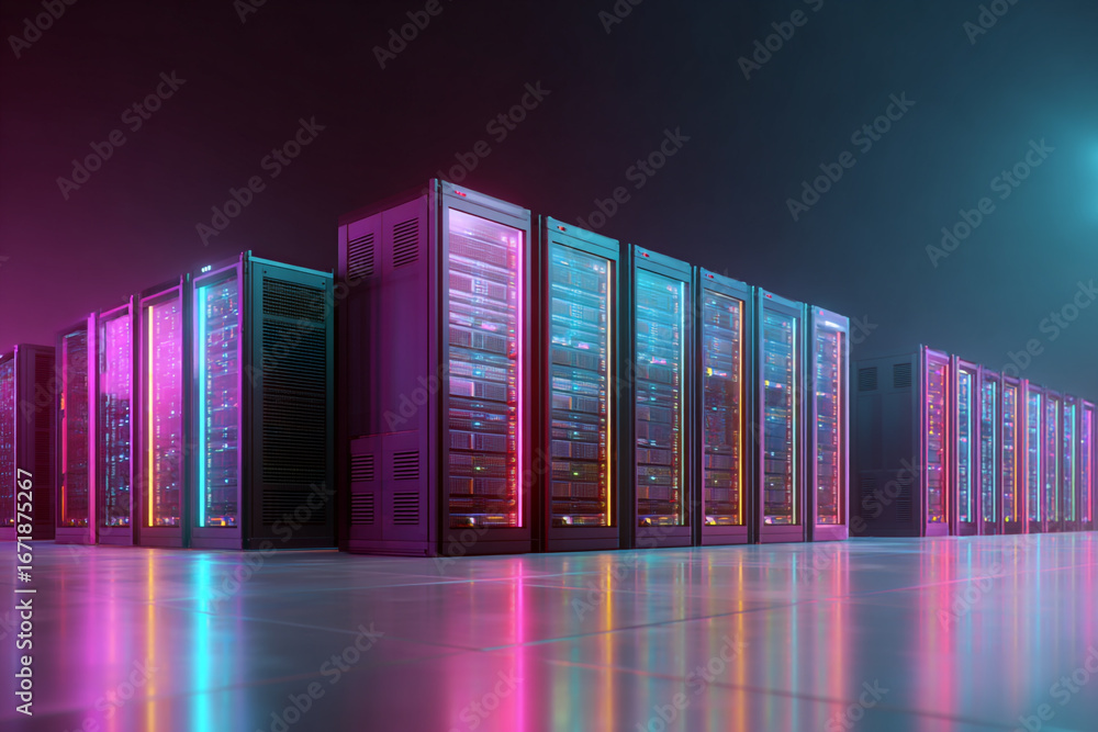Poster neon lit server racks in a modern data center a row of powerful computers processing information