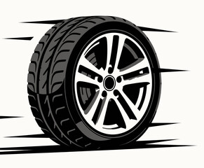 Modern Car Tire with Silver Rim on Motion Blur Background