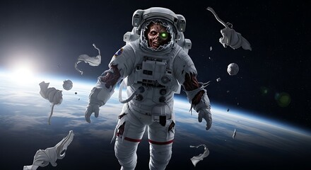 Fototapeta premium Astronaut floating in space with debris and earth in the background