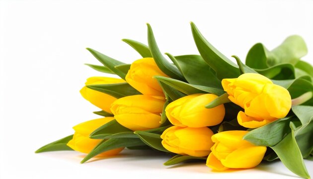 A bouquet of vibrant yellow tulips with green leaves blooms against a white background. Their fresh petals and radiant color evoke spring, renewal, and the joyful simplicity of natural beauty.