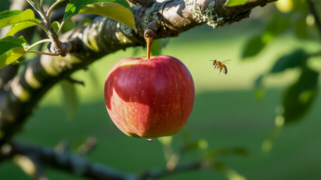 Red apple hanging from a tree branch with a bee flying nearby in soft sunlight fruit
