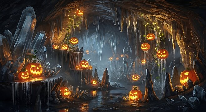 Spooky halloween cave with glowing jack o lanterns and icicles - Powered by Adobe