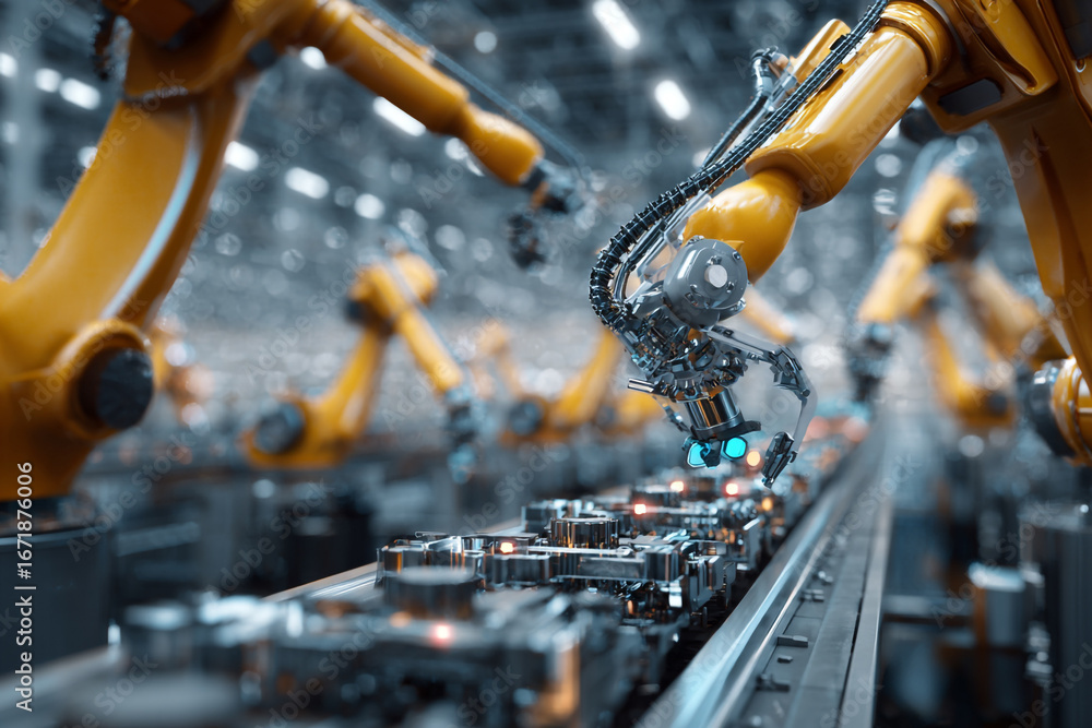 Poster robotic arms assembling parts on a factory production line advanced manufacturing technology automat