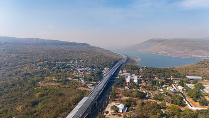 Drone shot aerial view landscape of the M6  motorway Nakhon Ratchasima Province - Bang Pa-in. Lam...