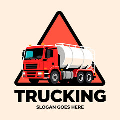Red Truck Logo Design: Tanker Truck with Danger Triangle, Modern Minimalist Style