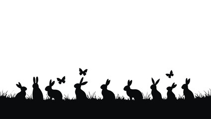 Black silhouette rabbits and butterflies on grass bunny 3