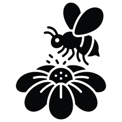 Silhouette icon of a bee pollinating a flower isolated on white background