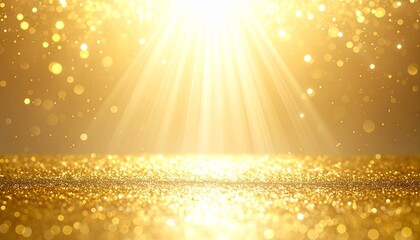 Golden beams cascade onto a glittering surface, scattering light across floating bokeh. The radiant scene evokes celebration, divinity, and the shimmering texture of luminous transformation.
