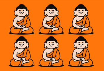 Six Serene Monks Meditating in Orange Robes on Vibrant Orange Background