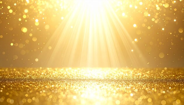 Golden beams cascade onto a glittering surface, scattering light across floating bokeh. The radiant scene evokes celebration, divinity, and the shimmering texture of luminous transformation.