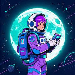 Space-Astronaut Girl Exploring Galaxy with Purple Tech