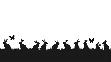 Black silhouette rabbits and butterflies on grass bunny 8