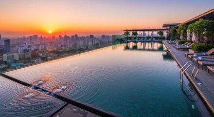 Fototapeta premium Rooftop Infinity Pool Cityscape Sunset View.