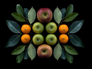 perfectly symmetrical arrangement of apples oranges and leaves on dark background
