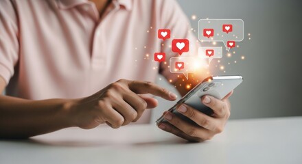 Person using a smartphone, receiving likes and notifications from social media with glowing effects