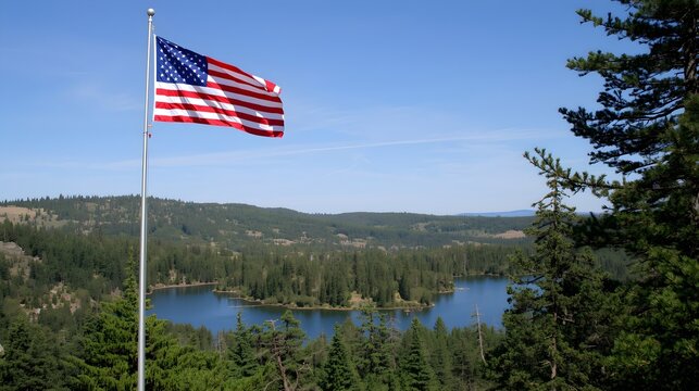 Majestic american flag waves proudly against a clear blue sky over a serene forested landscape with a tranquil lake