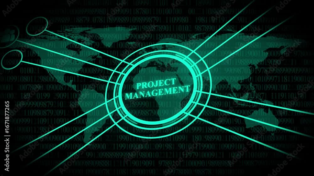 Poster project management concept with digital world map and neon green data streams planning organization