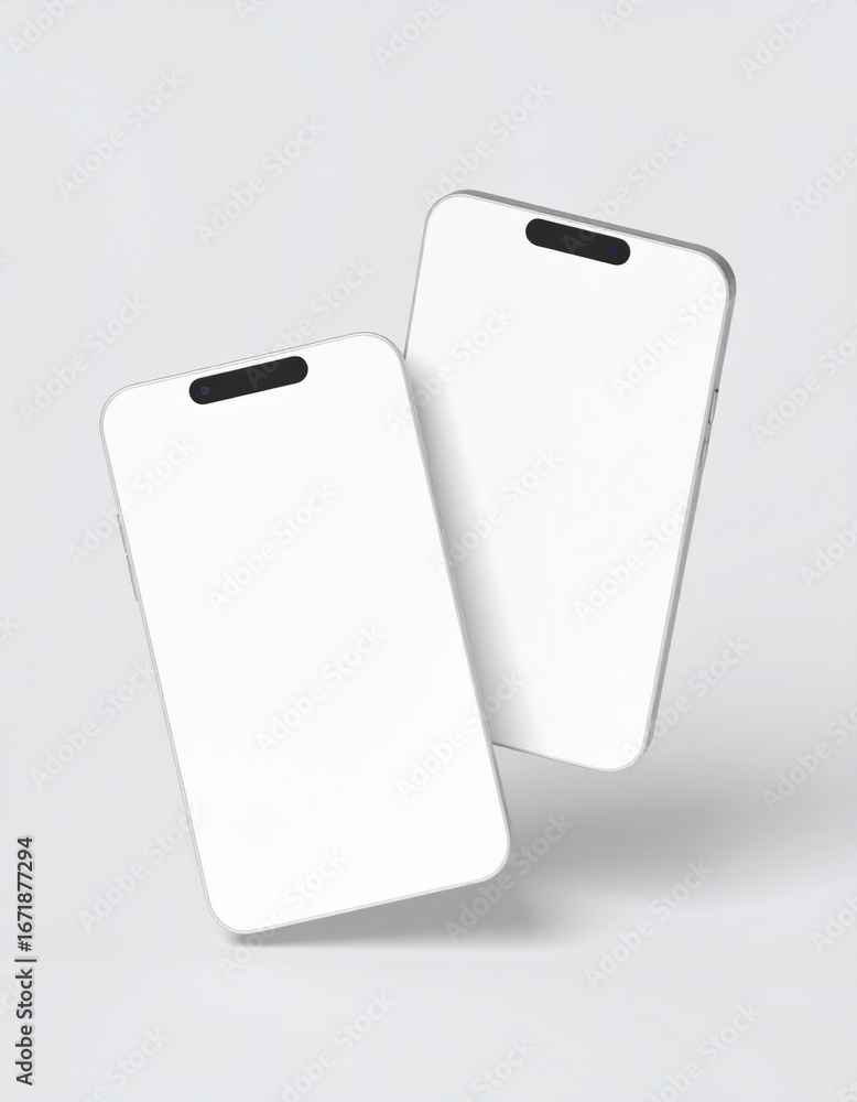 Poster two white mobile phone mockups floating on soft gray background in studio lighting