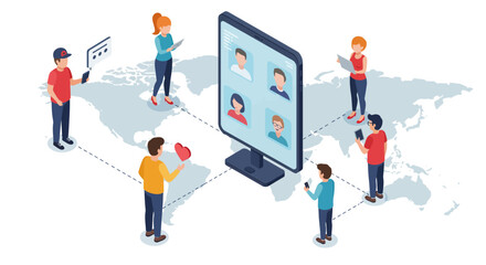 Global online social network connectivity with diverse characters in isometric style