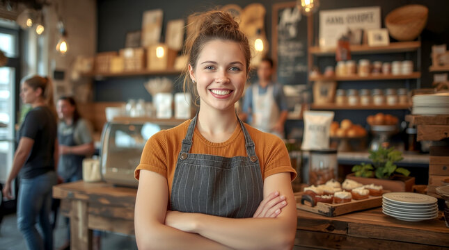Local Business and Community. small business owner is standing proudly in their handcrafted coffee shop or bakery, smiling warmly at the camera. They are surrounded by rustic, appealing products