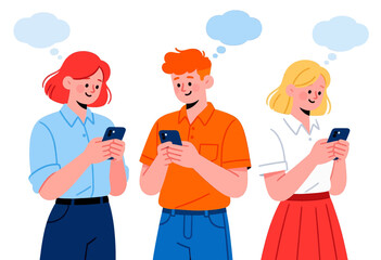 Three Friends Engrossed in Phones, Casual Conversation, Thought Bubbles